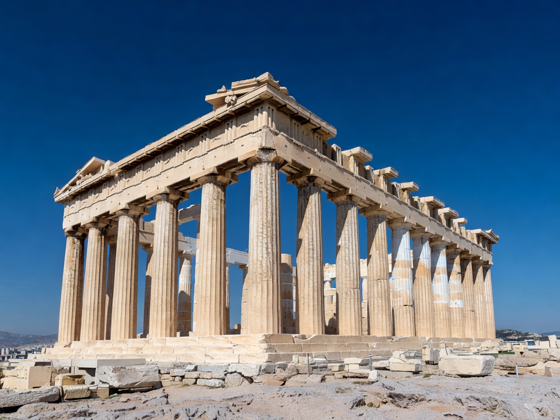 Acropolis Parthenon marble columns against deep blue sky in Athens Greece