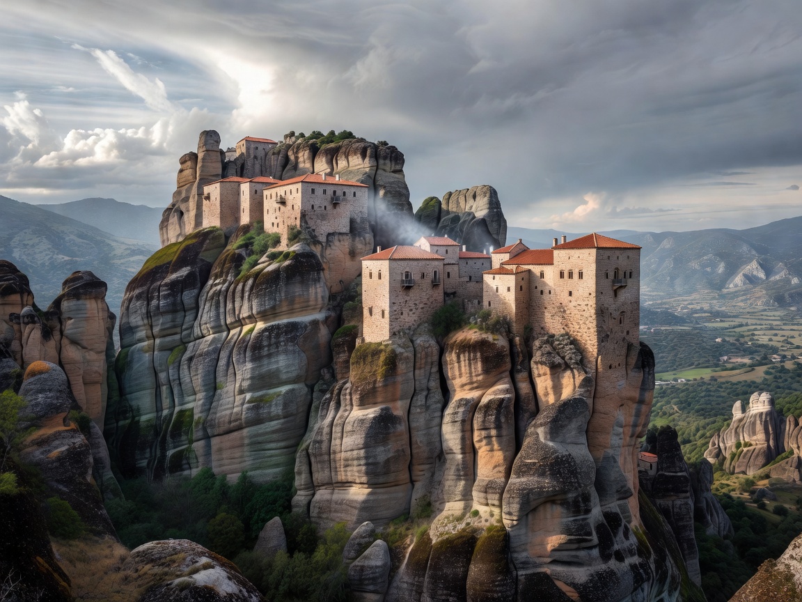Meteora Eastern Orthodox monasteries perched atop sheer sandstone rock pillars