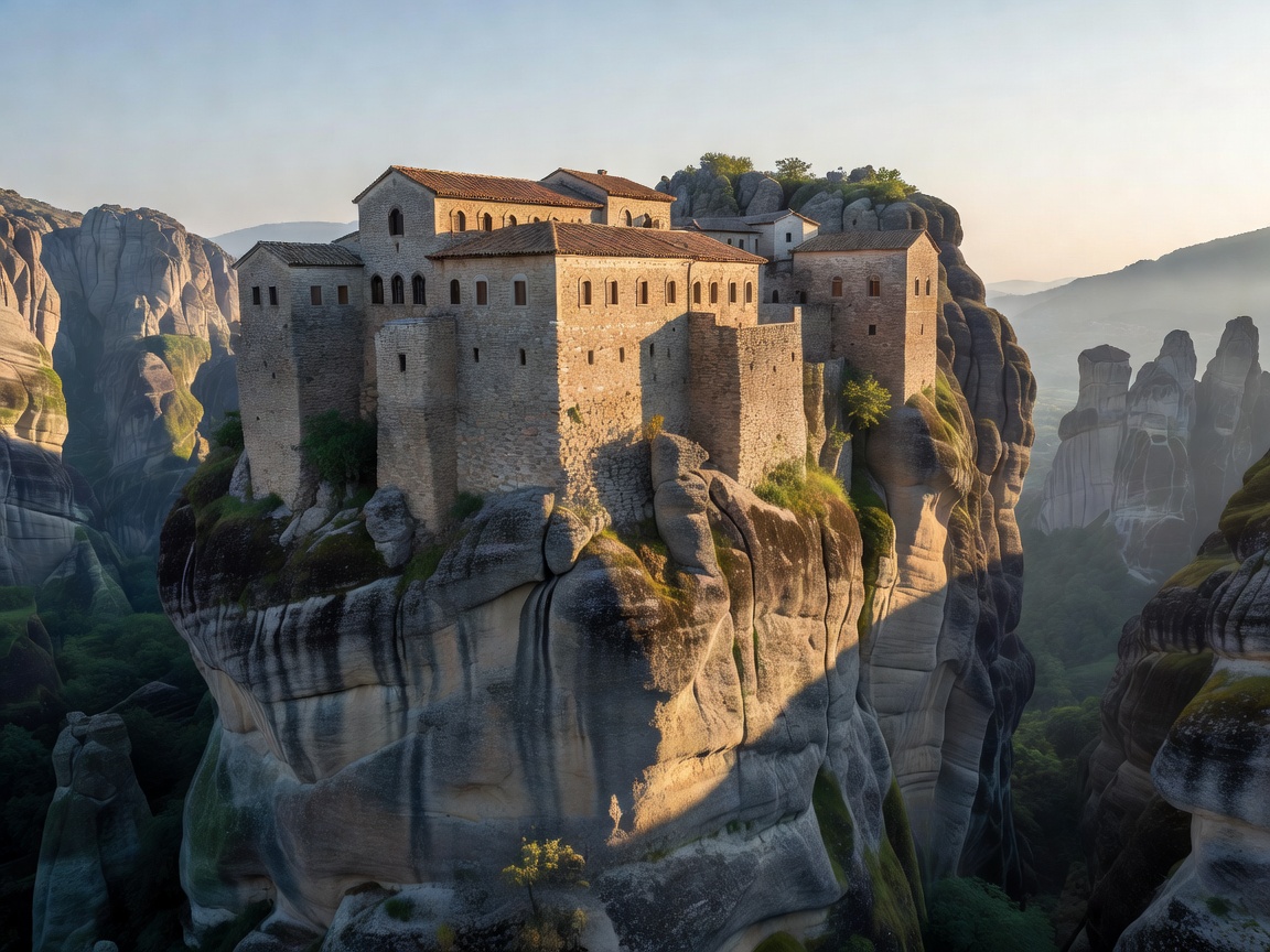 Orthodox Christian monastery atop sheer vertical cliffs in Meteora Greece