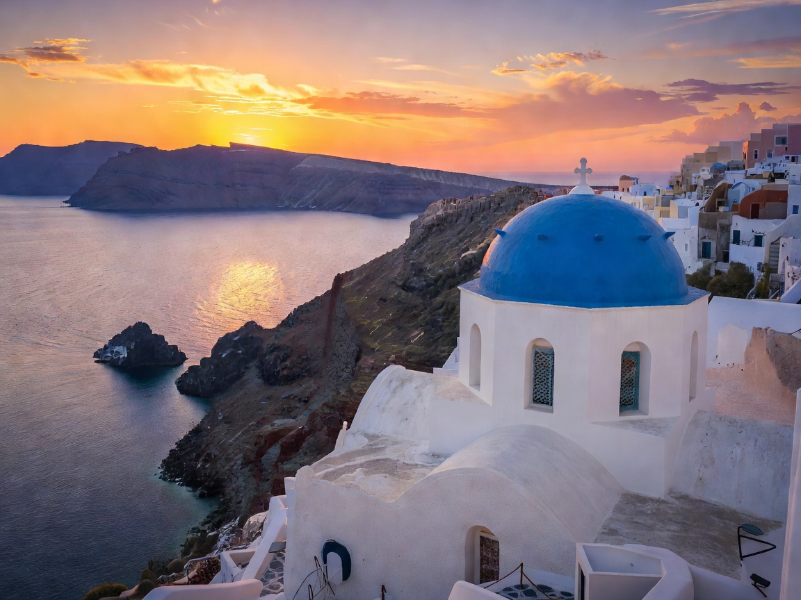 Santorini blue dome church overlooking caldera ocean cliffside at sunset