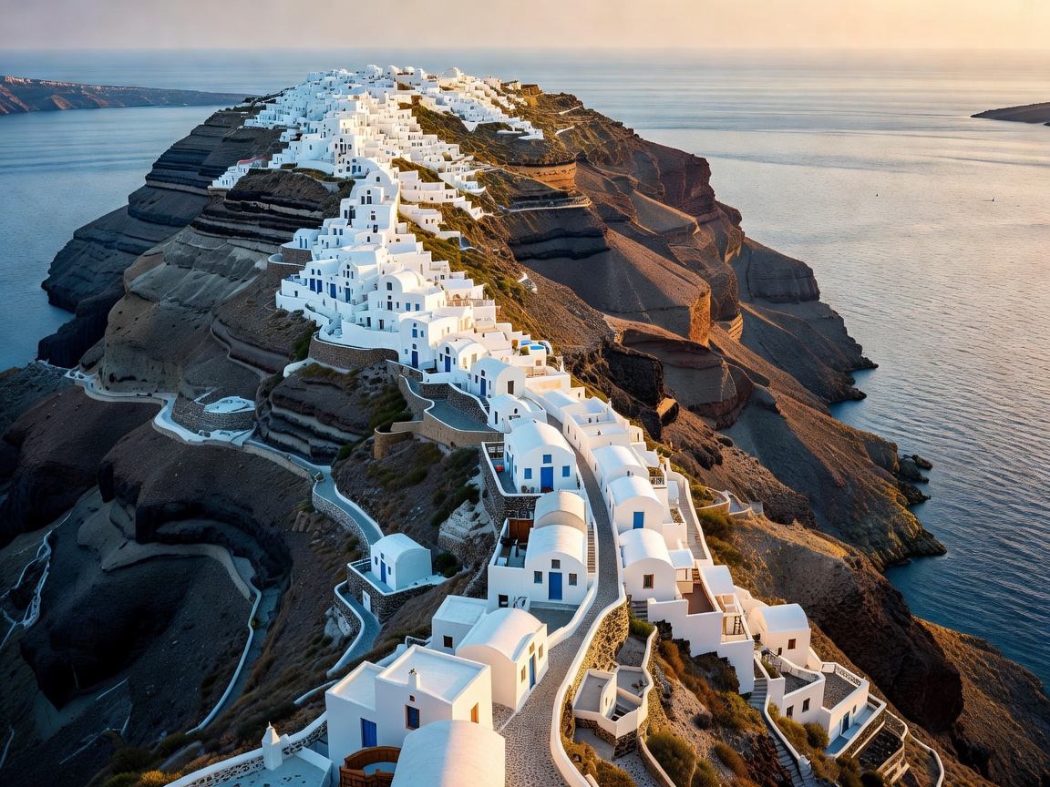 Santorini volcanic cliffside and whitewashed Cycladic village in Greece