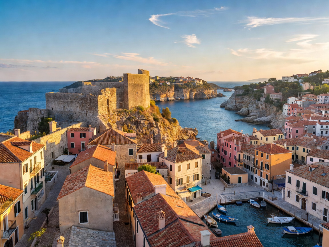 Scenic Venetian Old Town and fortress overlooking the coast of Corfu Greece